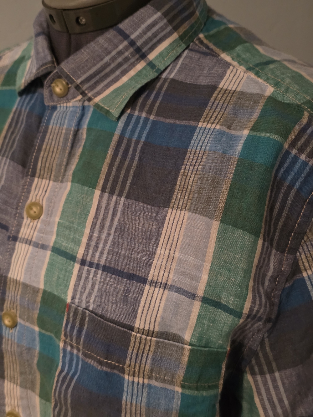 Tommy Bahama Green Blue White Plaid Linen Button-Down Shirt - Picture 3 of 6
